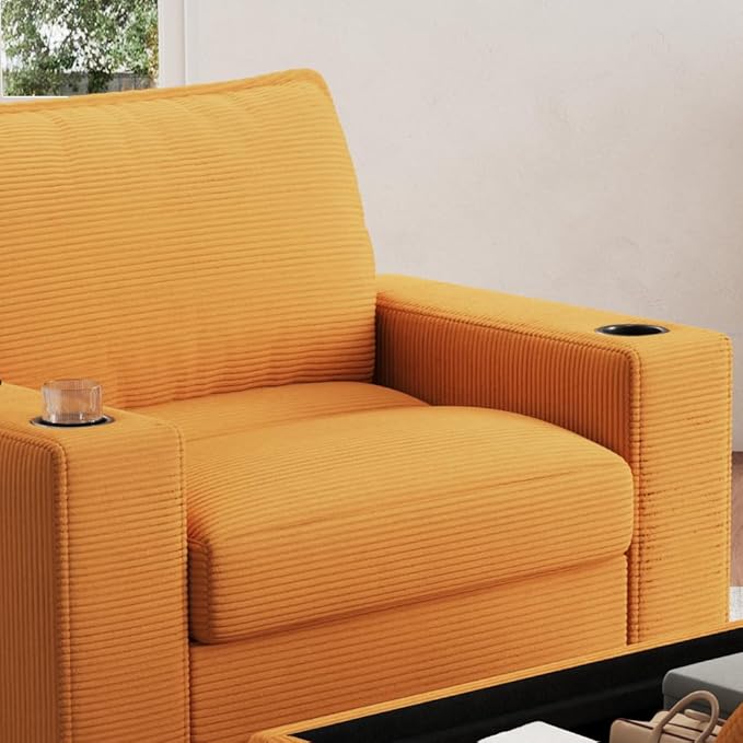 Christopher Knight Home Zoe Oversized Chaise Lounge Chair Indoor with Cup Holders & USB Charging Port, Corduroy Upholstered Sofa Bed + Ottoman with Storage, Comfy Deep Seat Sleeper Sofa Chair, Yellow
