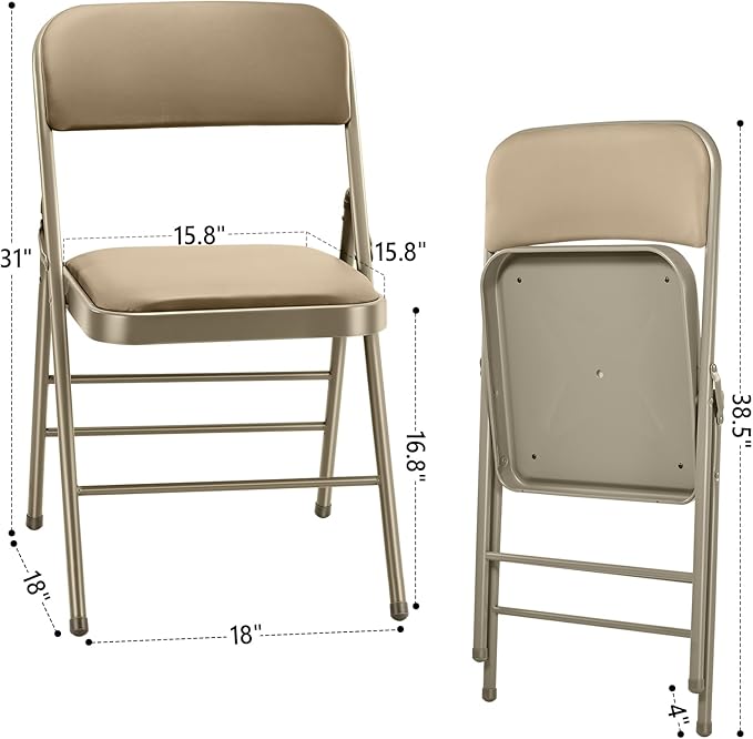 cyclone sound 4 Pack Folding Chairs with PU Padded Cushion and Back, Commercial Grade Metal Chairs with Comfortable PU Leather Cushion for Home and Office, for Indoor and Outdoor Events (4, Beige-PU)
