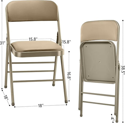 cyclone sound 4 Pack Folding Chairs with PU Padded Cushion and Back, Commercial Grade Metal Chairs with Comfortable PU Leather Cushion for Home and Office, for Indoor and Outdoor Events (4, Beige-PU)