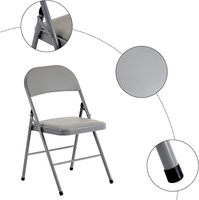 6 Pack Grey Folding Chairs with Padded Seats, Portable Stackable Foldable Chairs for Indoor and Outdoor, Commercial Seat with Metal Frame for Events Office Wedding, 330lbs Capacity
