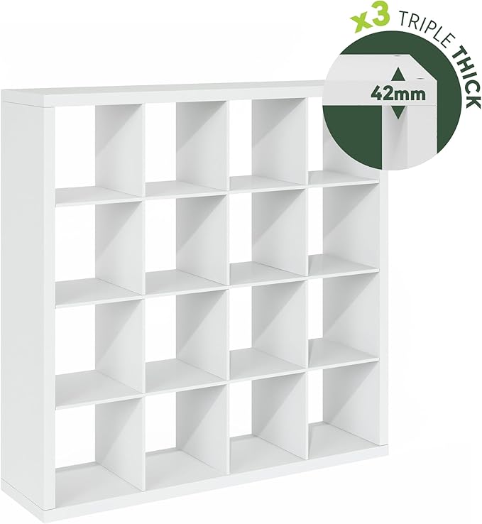 Furinno Cubicle Book Shelf, 16-Cube Bookshelf, Triple Thick Frame Cube Storage Organizer, Bookcase, 15.4 x 57.4 x 56.9, for Home Office, Living Room, Plain White