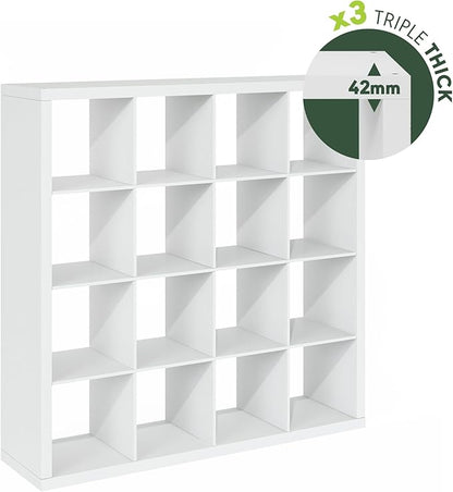 Furinno Cubicle Book Shelf, 16-Cube Bookshelf, Triple Thick Frame Cube Storage Organizer, Bookcase, 15.4 x 57.4 x 56.9, for Home Office, Living Room, Plain White