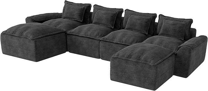 Hobestluk 152" Cloud Modular Sectional Couch 4-Seater Sofa with Ottomans U Shaped Couch Deep Seat Sofa with Removable Cover for Living Room (Dark Grey, 4-Seater Sofa with Two Ottomans)