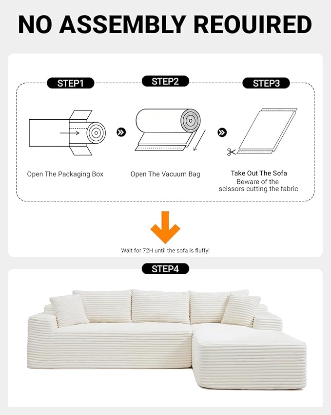 108 Inch Cloud Sectional Couch,Modern Modular Sectional Sofa with Deep Seat,Corduroy Boneless Couches with L-Shape Chaise for Living Room,No Assembly Required (Beige, Right Facing Chaise)