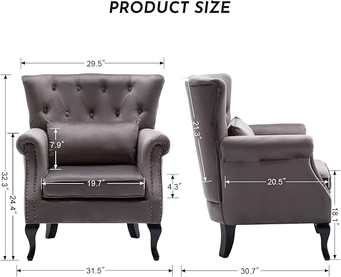 Accent Reading Arm Chairs for Living Room Bedroom, Midcentury Modern Comfy Corner Sofa Chair, Wingback Waiting Room Club Chair with Button Tufted Back &Lumbar Pillow, Velvet Grey