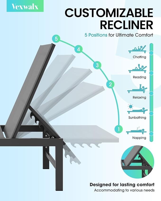 Outdoor Lounge Chairs for Pool, Aluminum Chaise Lounge Chair with 5-Position Recliner, Patio Lounge Chair for Backyard, Poolside, Lawn, Dark Gray