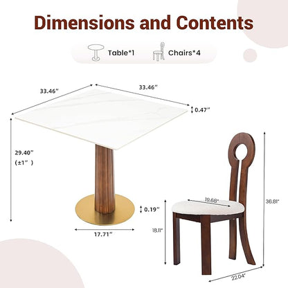 Sintered Stone Square Office Table and Chair Set - Meeting Table for Small Offices (Dark Brown Leg and White Top, 1 Table and 4 Chairs)