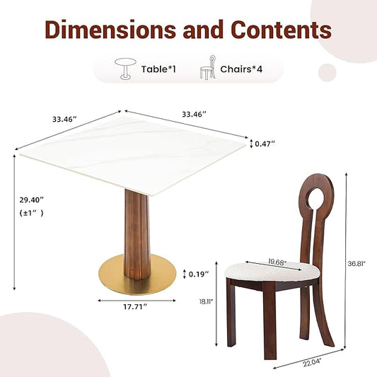 Sintered Stone Square Office Table and Chair Set - Meeting Table for Small Offices (Dark Brown Leg and White Top, 1 Table and 4 Chairs)