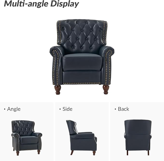 HULALA HOME Genuine Leather Recliner Chair Set of 2 w/Solid Wood Feet, Modern Adjustable Tufted Push Back Arm Chair w/Rivet Decoration, Home Theater Seating Reclining Sofa for Living Room, Navy