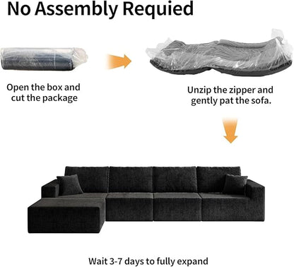 110" Boneless Cloud Sectional Couch for Living Room, Compressed Modular L-Shaped Sofa with Deep Seat, Frameless Corduroy Couch in Boxes, No Assembly Required 3-Seater (Left-Facing Chaise, Black)