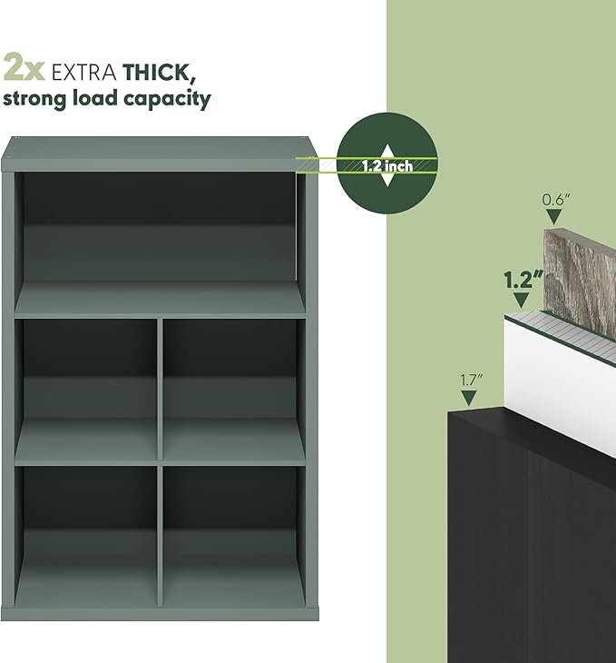 Furinno Cubicle Book Shelf, 5-Cube Thick Frame Bookshelf, Reversible Bookcase with Closed Back, 14.6" x 57.8" x 58", for Living Room, Bedroom, Home Office, Sage Green