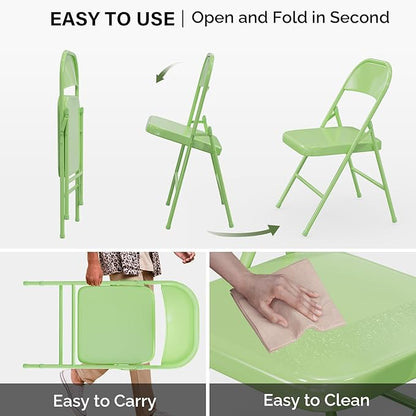 VINGLI Folding Chairs All Steel Metal Frame, Capacity 350 lbs, Durable Portable and Versatile for Indoor Outdoor Use, Green, Set of 4