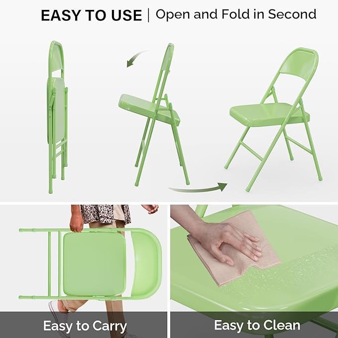 VINGLI Folding Chairs All Steel Metal Frame, Capacity 350 lbs, Durable Portable and Versatile for Indoor Outdoor Use, Green, Set of 8