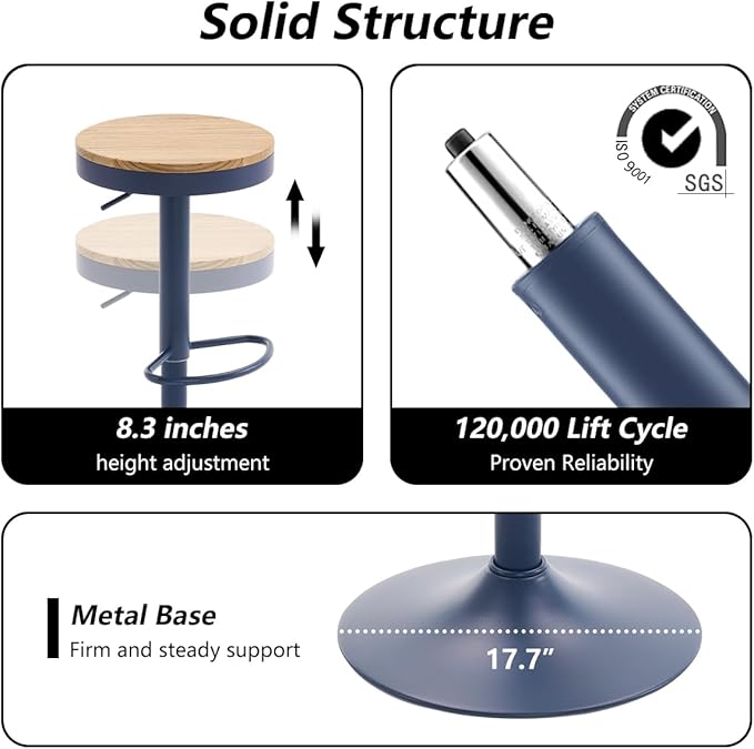 Kidol & Shellder Bar Stools Set of 4 Round Adjustable Swivel Barstools Modern Backless Bar Chairs Wooden Seat Counter Height Stools Armless for Kitchen Island, Cafe, Dining Room Blue