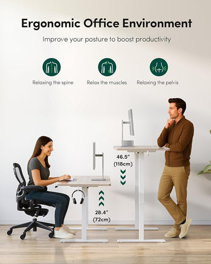 FEZIBO One-Piece Standing Desk Adjustable Height Stand up Home Office Desk, 55x24 Inch Electric Standing Computer Desk, with 4 Memory Presets, Headphone Hook, Light Walnut