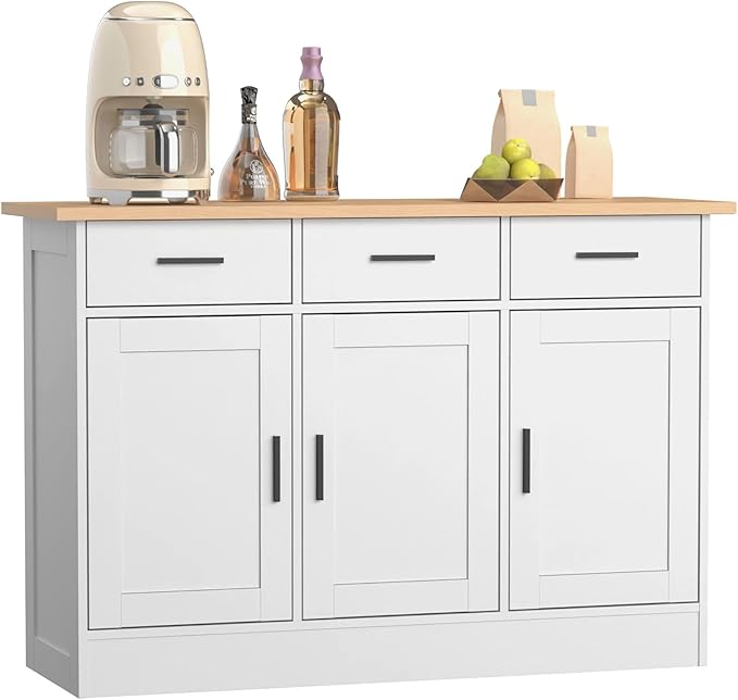 Buffet Cabinet with Storage - Buffets & Sideboards Kitchen Storage Cabinet, Wood Console Table Coffee Bar Accent Cabinets for Living Room Dining Room Entryway Large 3 Doors & Drawers, White 47.2"W