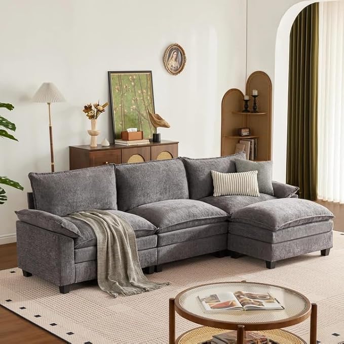 114 Inch Modular Couch Sectionals with Ottoman, Big Comfy Cloud Couches, L Shaped 4 Seat Modular Sectional Sofa, Modern Cloud Sectional Couches for Living Room, Deep Seat Comfy Sofa, Grey