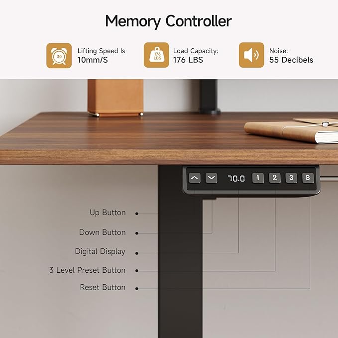 ONBRILL Standing Desk with 2 Adjustable Monitor Shelves, 55 x 24 Inches Electric Stand Up Desk with Memory Controller and Adjustable Height from 28-46 inches for Computer Workstations, Walnut