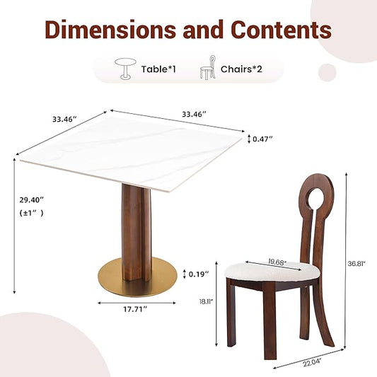 Sintered Stone Square Office Table and Chair Set - Meeting Table for Small Offices (Walnut‌ Leg and White Top, 1 Table and 2 Chairs)
