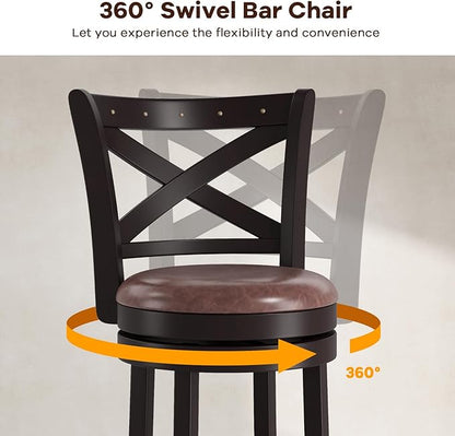 COSTWAY Bar Stools Set of 4, 30" Swivel Bar Height Bar Chairs with Copper Nails, Upholstered Seat, X-Shaped Backrest, Solid Rubber Wood Frame, for Kitchen Island Pub Bar