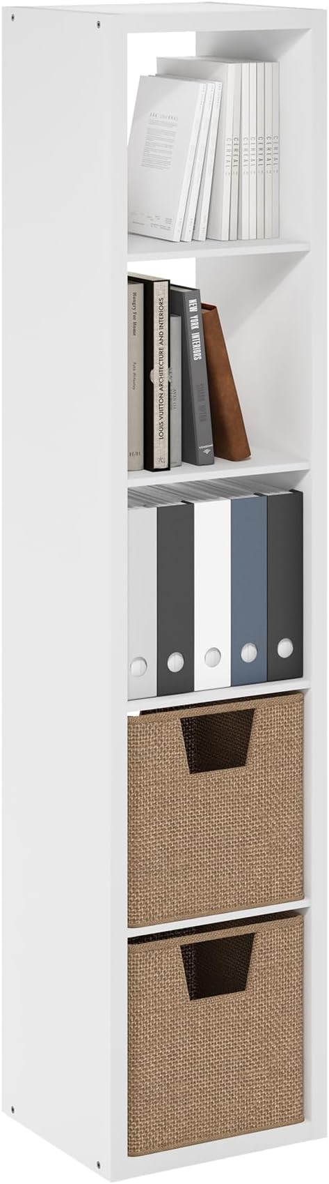 Furinno Cubicle Book Shelf, 5-Cube Vertical Thick Frame Bookshelf, Horizontally & Vertically Reversible Bookcase with Open Back, 14.6 x 15.9 x 72, for Living Room, Bedroom, Home Office, White