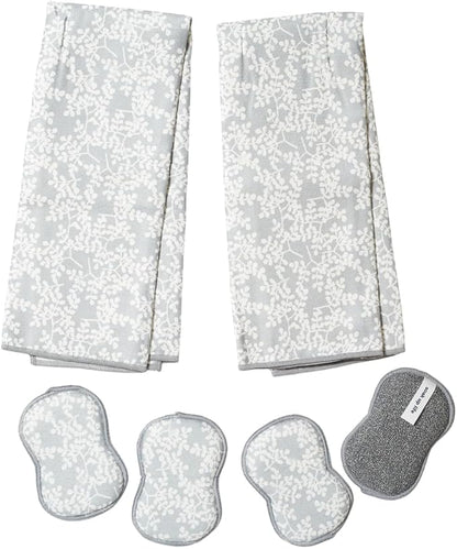 Kitchen Towel and Sponge Set Grey, 6 Piece Super Absorbent Reusable Quick Dry Towels and Washable Sponges Made from Recycled Materials, Durable Eco Friendly Cleaning Set for Kitchen