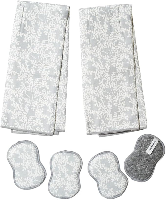 Kitchen Towel and Sponge Set Grey, 6 Piece Super Absorbent Reusable Quick Dry Towels and Washable Sponges Made from Recycled Materials, Durable Eco Friendly Cleaning Set for Kitchen