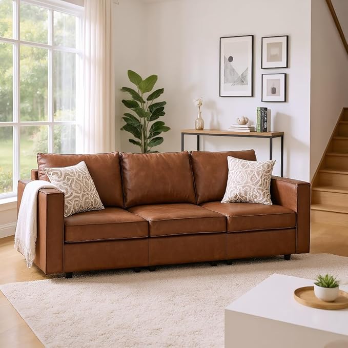 3 Seater Brown Leather Modular Sectional Sofa, 90 inch Cloud Modular Sectional Couch, Modern Convertible Comfortable Sofa for Living Room/Apartment