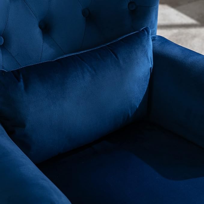 Accent Reading Arm Chairs with Ottoman Set of 2 for Living Room Bedroom, Midcentury Modern Corner Sofa Chair, Wingback Waiting Room Club Chair with Tufted Back &Lumbar Pillow, Velvet Blue