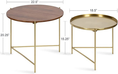 Kate and Laurel Ulani Modern Nesting Coffee Table; Set of 2; Walnut and Gold; 22.5 x 20.25; Decorative Sophisticated Mango Wood and Metal End Tables for Display and Storage