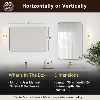 ANDY STAR Wall Mirror Brushed Nickel for Bathroom, 24x36x1 Rounded Rectangle Mirror with Stainless Steel Silver Metal Frame, Modern Bathroom Vanity Mirror