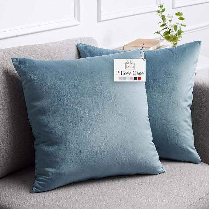 lalaLOOM Velvet Throw Pillow Covers, Set of 2, 20x20 Decorative Square Pillows Home Decor, Soft Accent Cases, Silky Machine Washable Pillowcases for Sofa, Couch, Bedroom, Living Room, Stone Blue