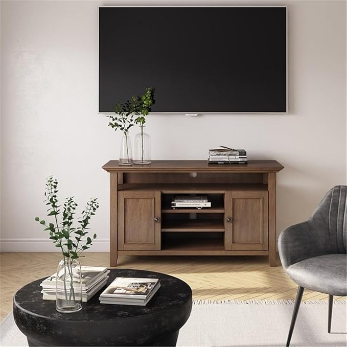 SIMPLIHOME Amherst 54-inch Wide Solid Wood TV Stand in Rustic Natural Aged Brown, Transitional-Style Media Console for Living Room with Adjustable Shelves and Cable Management