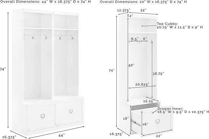 Crosley Furniture Harper 2-Piece Hall Tree Entryway Set with Storage Bench and Coat Rack Hooks for Hanging, White