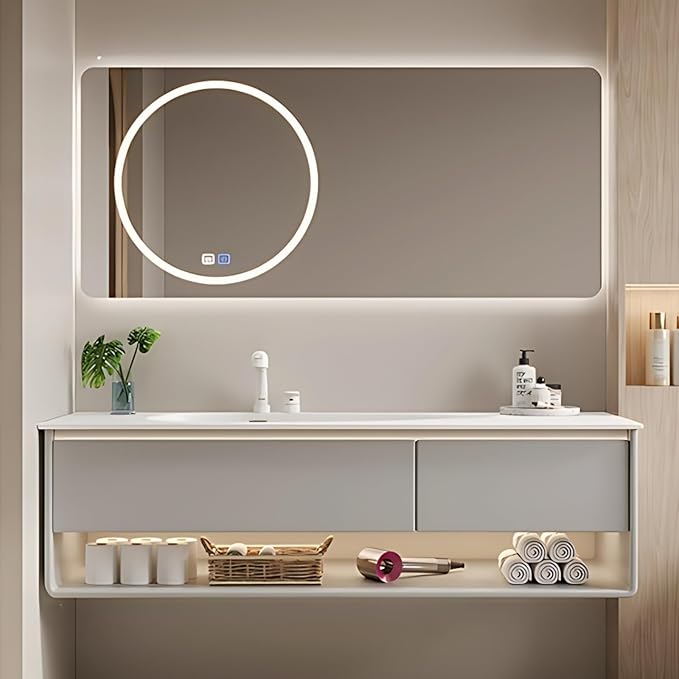48IN Grey Bathroom Vanity Set - Floating Bathroom Vanity with Single Sink | Including LED Smart Defogging Mirror Cabinet & Time Display Function, Equipped with Motion Sensing Light Strip (Style B)
