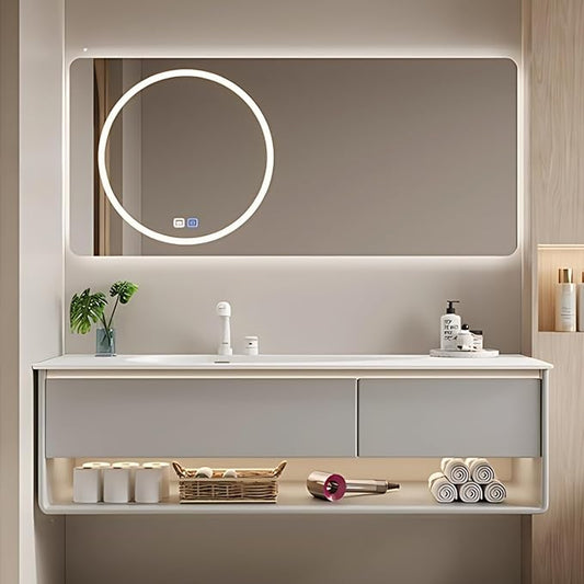56IN Grey Bathroom Vanity Set - Floating Bathroom Vanity with Single Sink | Including LED Smart Defogging Mirror Cabinet & Time Display Function, Equipped with Motion Sensing Light Strip (Style B)