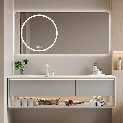 68IN Grey Bathroom Vanity Set - Floating Bathroom Vanity with Single Sink | Including LED Smart Defogging Mirror Cabinet & Time Display Function, Equipped with Motion Sensing Light Strip (Style B)