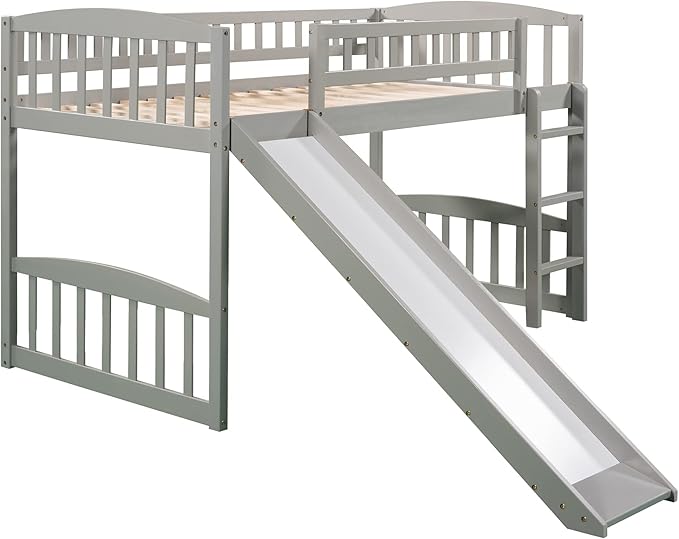 Twin Size Loft Bed with Slide and Ladder,Multifunctional Solid Wood Bed Frame,w/Safety Guardrail & 14 Support Slats,No Box Spring Needed,Easy to Install,for Kids,Teens,Girls,Boys,Grey