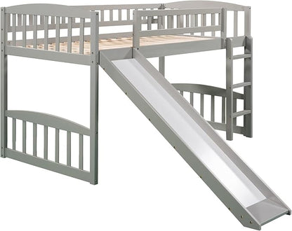 Twin Size Loft Bed with Slide and Ladder,Multifunctional Solid Wood Bed Frame,w/Safety Guardrail & 14 Support Slats,No Box Spring Needed,Easy to Install,for Kids,Teens,Girls,Boys,Grey