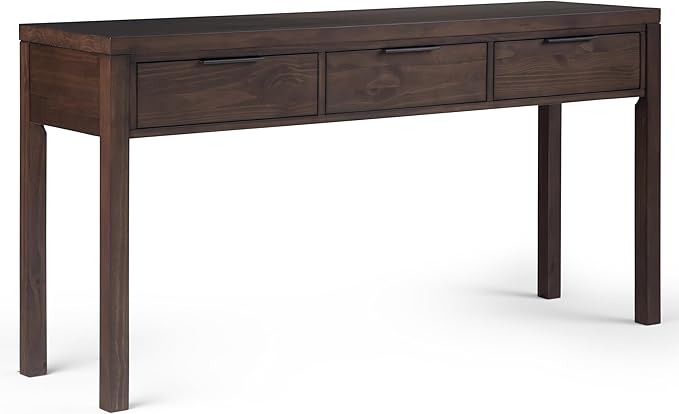 SIMPLIHOME Hollander Console Table - 60 Inch Wide Solid Wood Sofa Table in Warm Walnut Brown, Contemporary Storage Table for Entryway or Living Room with 3 Drawers and Sleek Metal Hardware