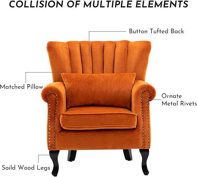 Accent Reading Arm Chairs Set of 2 Midcentury Modern Comfy Corner Sofa Chair, Wingback Waiting Room Club Chair with Tufted Back for Living Room/Bedroom/Reception Room, Velvet Orange