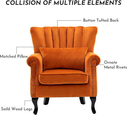 Accent Reading Arm Chairs Midcentury Modern Comfy Corner Sofa Chair, Wingback Waiting Room Club Chair with Tufted Back for Living Room/Bedroom/Reception Room, Velvet Orange