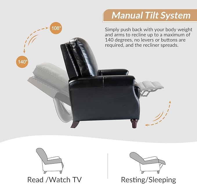 HULALA HOME Genuine Leather Recliner Chair Set of 2, Push Back Recliner Armchair with Thick Seat and Backrest(Black)