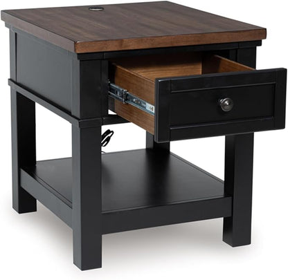 Signature Design by Ashley Wildenauer Farmhouse 1-Drawer End Table with Lower Shelf and USB Ports, Light Brown & Black
