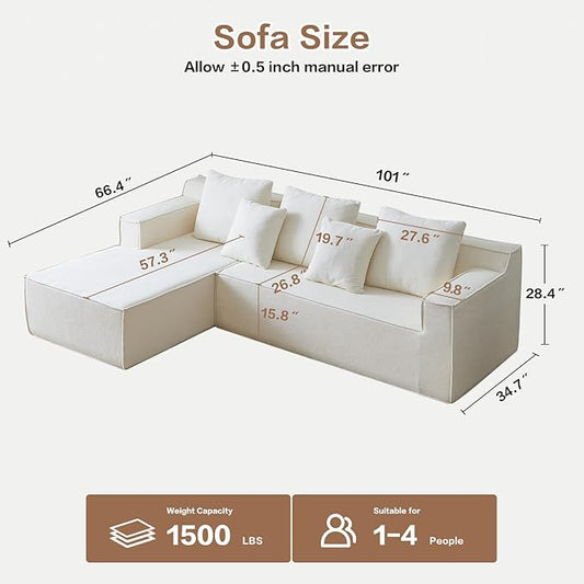 Boneless Couch Sectional, Comfy Memory Foam Sofa in a Box, Modern Cloud Couch with 5 Headrests, Comfy L-Shape Sofa for Living Room (White, Velvet)