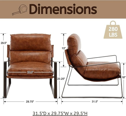 LukeAlon Modern PU Leather Accent Armchairs Set of 2, Upholstered Lounge Chair with Brass Metal Frame Thickened Cushion Single Sofa Chair Leisure Chair with Lychee Grain for Bedroom Living Room, Brown