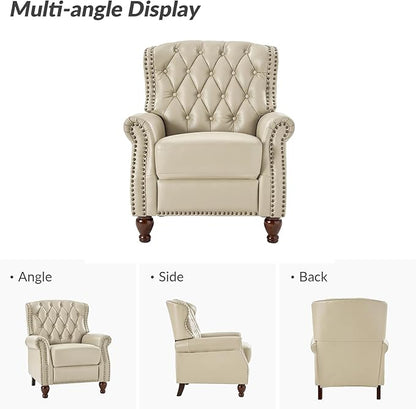 HULALA HOME Genuine Leather Recliner Chair with Solid Wood Feet, Modern Adjustable Tufted Push Back Arm Chair w/Rivet Decoration, Home Theater Seating Single Reclining Sofa for Living Room, Beige