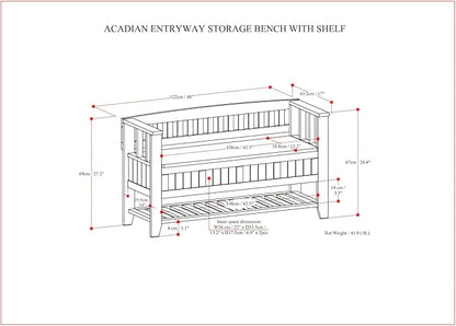 SIMPLIHOME Acadian Entryway Storage Bench - 48 inch Wide Solid Wood Hallway Seat with Shelf in Brunette Brown, Transitional Bench for Entryway or Living Room with Open Storage and Slatted Bottom
