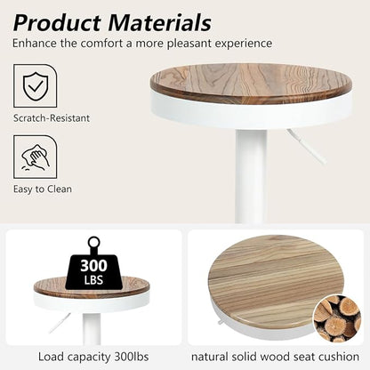 Kidol & Shellder Bar Stools Set of 2 White Round Adjustable Swivel Barstools Modern Backless Bar Chairs Wooden Seat Counter Height Stools Armless for Kitchen Island, Cafe, Dining Room