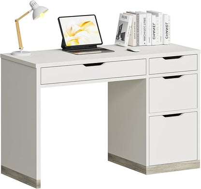 White Desk with Drawers, 48 Inch Small Computer Desk with 4 Storage Drawers for Small Space, Home Office Desk for Bedroom with Storage File Cabinet